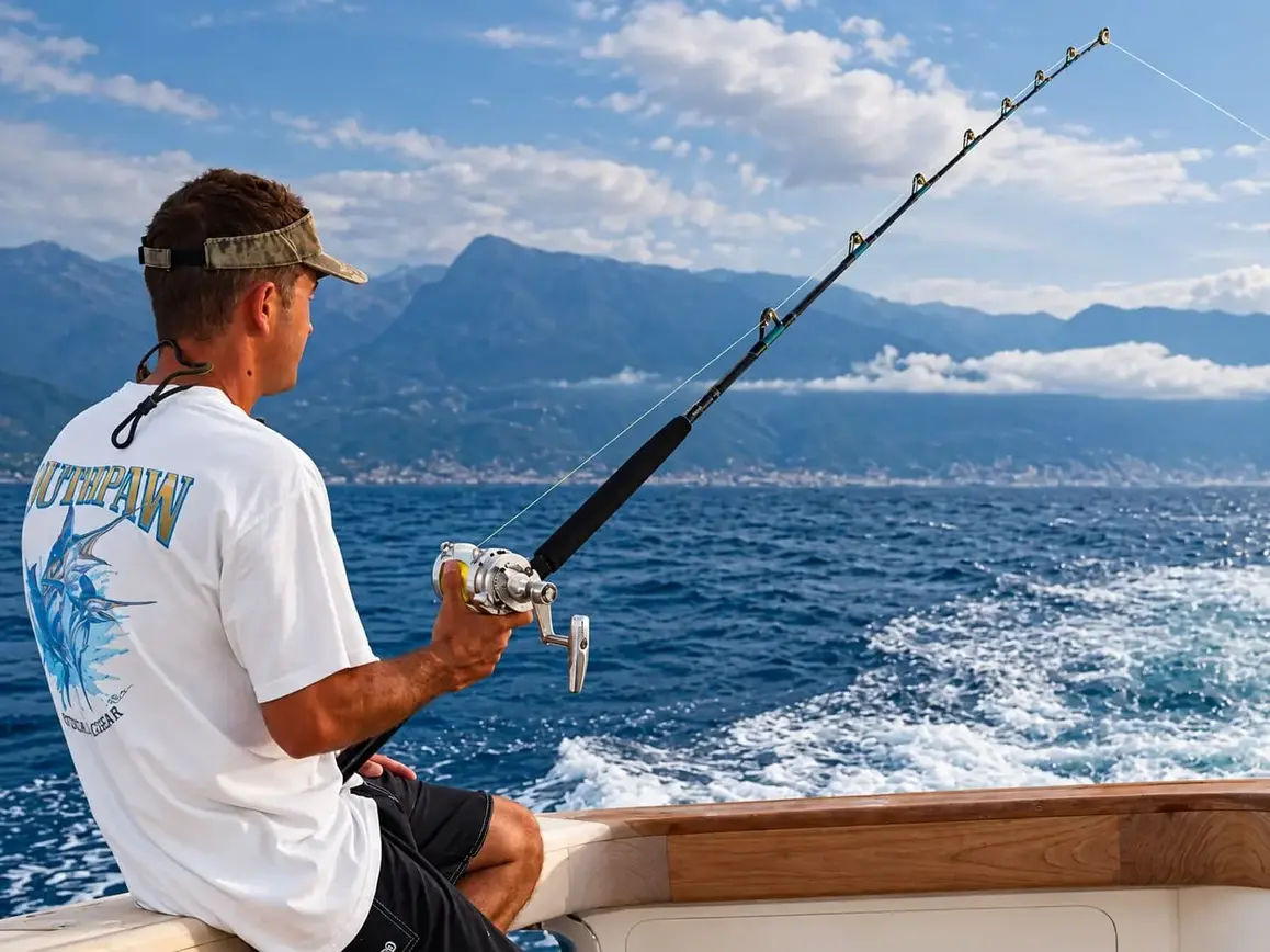 Angler inspecting fishing equipment on a boat