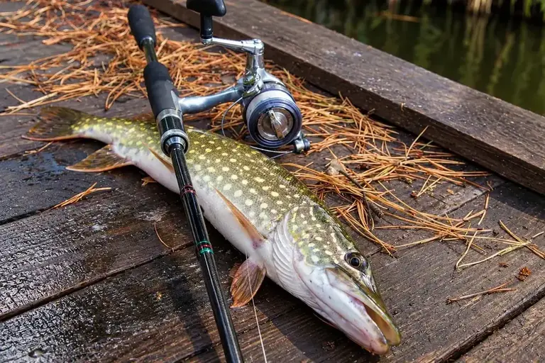 Rod, reel and fish beside a wooden waterside platform